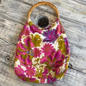 Vintage J Crew cotton floral handbag with bamboo handles